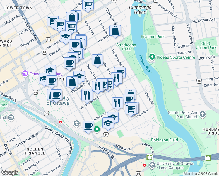 map of restaurants, bars, coffee shops, grocery stores, and more near 390 Chapel Street in Ottawa