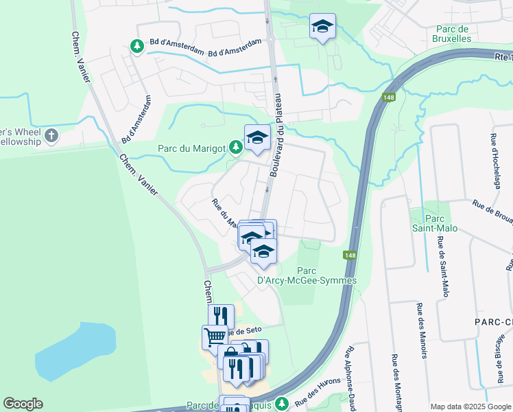map of restaurants, bars, coffee shops, grocery stores, and more near 880 Boulevard du Plateau in Gatineau