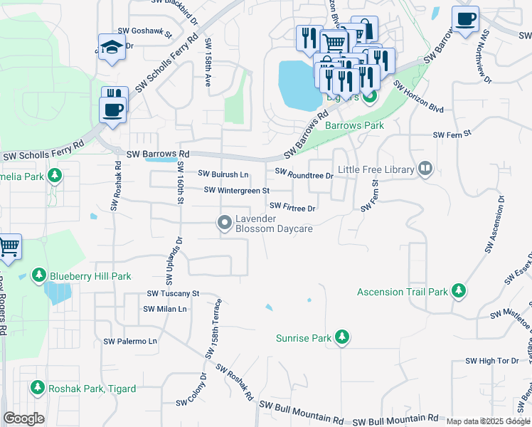 map of restaurants, bars, coffee shops, grocery stores, and more near 15047 Southwest 154th Avenue in Tigard
