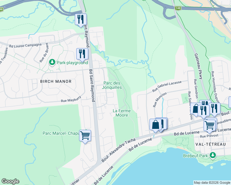 map of restaurants, bars, coffee shops, grocery stores, and more near 155 Avenue des Jonquilles in Gatineau