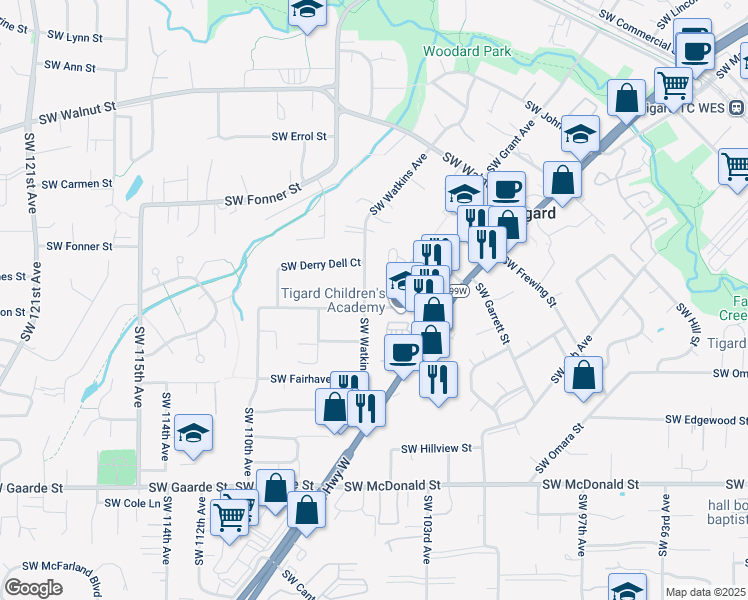 map of restaurants, bars, coffee shops, grocery stores, and more near 13210 Southwest Watkins Avenue in Tigard
