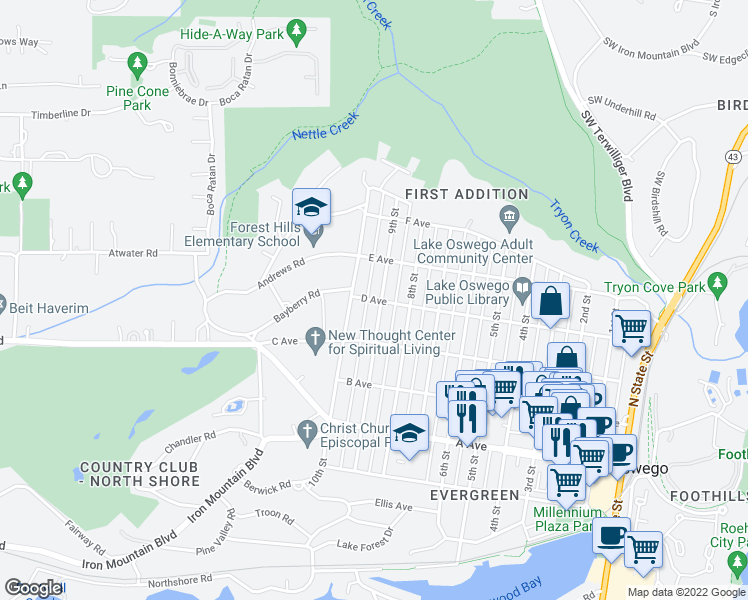 map of restaurants, bars, coffee shops, grocery stores, and more near 717 9th Street in Lake Oswego
