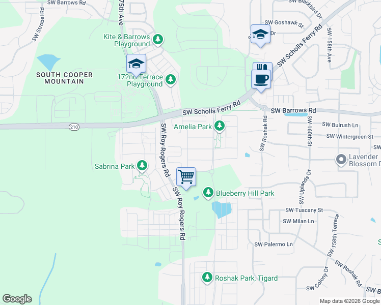 map of restaurants, bars, coffee shops, grocery stores, and more near 13205 Southwest 169th Avenue in Tigard