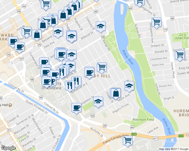 map of restaurants, bars, coffee shops, grocery stores, and more near 111 Russell Avenue in Ottawa