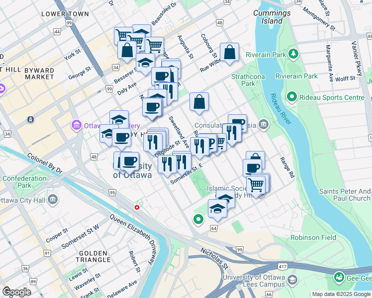 map of restaurants, bars, coffee shops, grocery stores, and more near 72 Sweetland Avenue in Ottawa