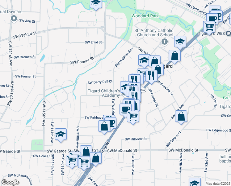 map of restaurants, bars, coffee shops, grocery stores, and more near 13210 Southwest Watkins Avenue in Tigard