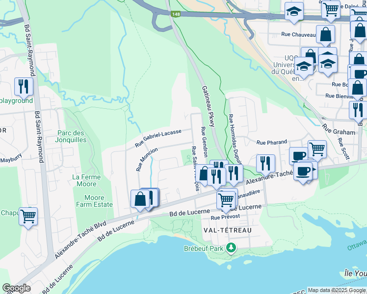 map of restaurants, bars, coffee shops, grocery stores, and more near 7 Rue Moncion in Gatineau