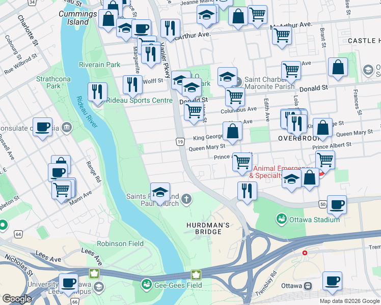 map of restaurants, bars, coffee shops, grocery stores, and more near 70 Queen Mary Street in Ottawa