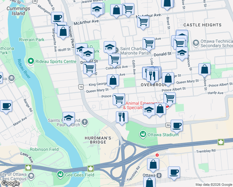 map of restaurants, bars, coffee shops, grocery stores, and more near 149 Prince Albert Street in Ottawa