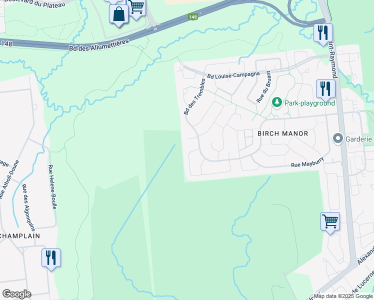 map of restaurants, bars, coffee shops, grocery stores, and more near 113 Rue des Parulines in Gatineau