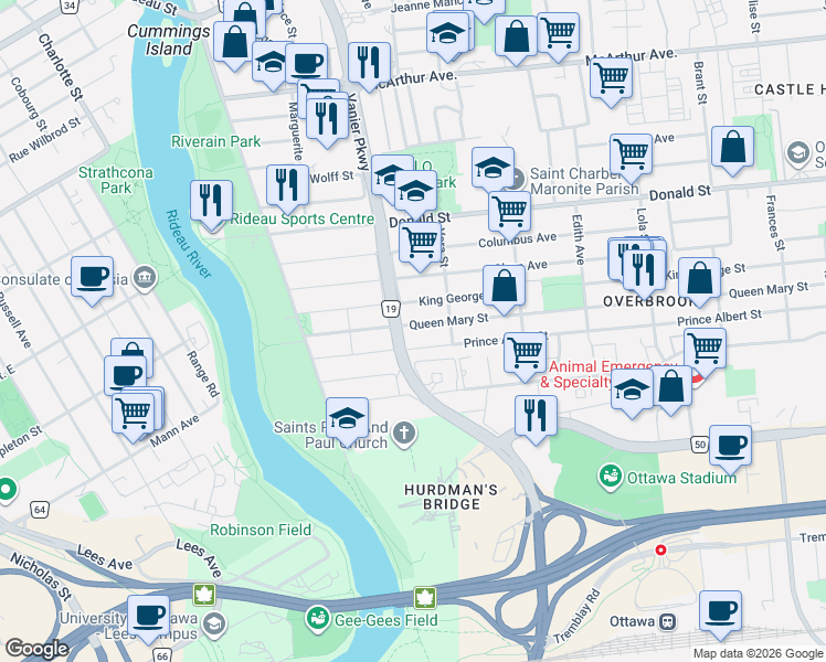 map of restaurants, bars, coffee shops, grocery stores, and more near 70 Queen Mary Street in Ottawa
