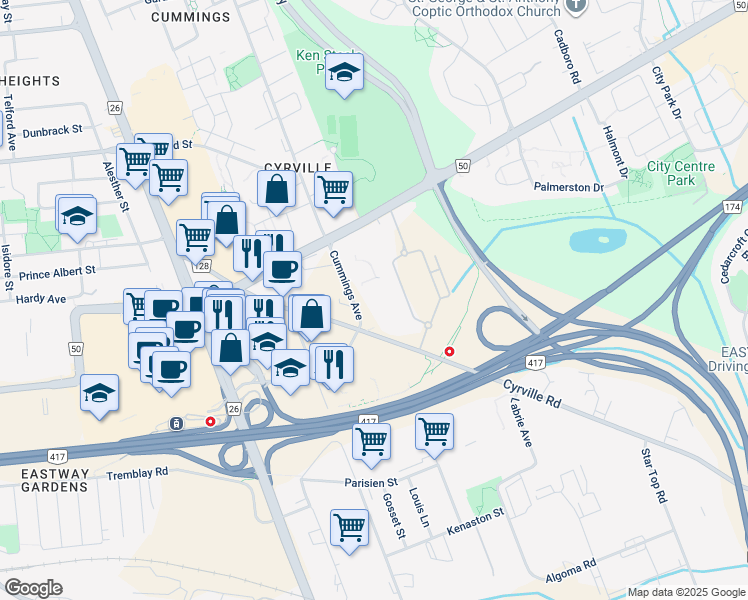 map of restaurants, bars, coffee shops, grocery stores, and more near 1221a Cummings Avenue in Ottawa