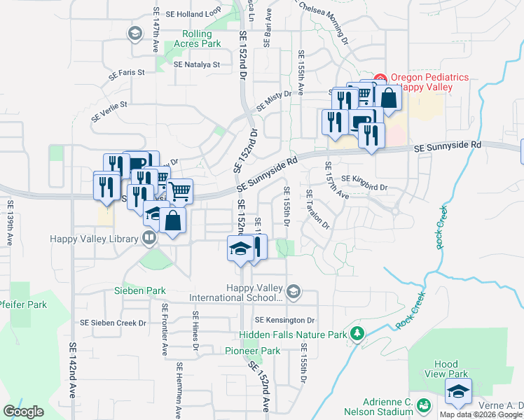 map of restaurants, bars, coffee shops, grocery stores, and more near 13588 Southeast 152nd Drive in Clackamas
