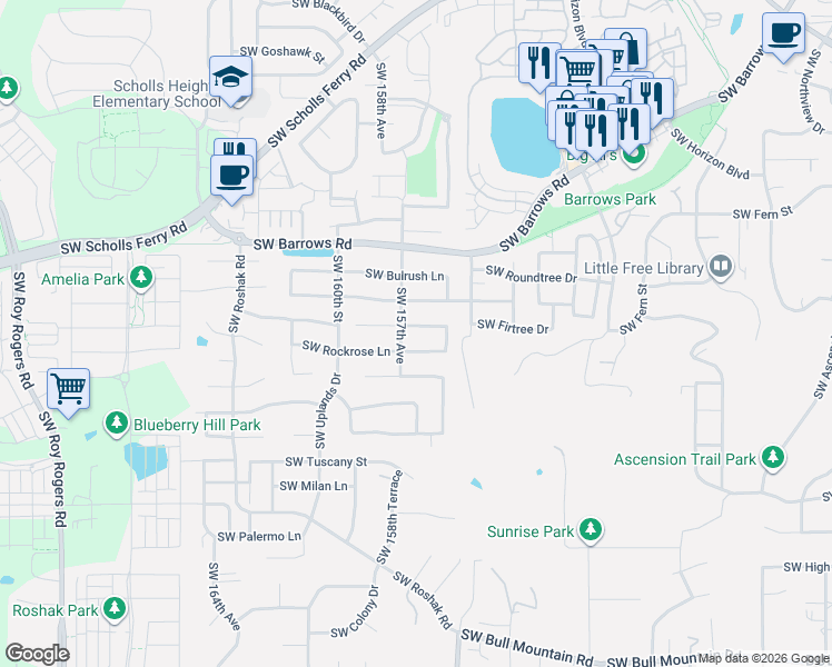 map of restaurants, bars, coffee shops, grocery stores, and more near 13143 Southwest Yarrow Way in Tigard