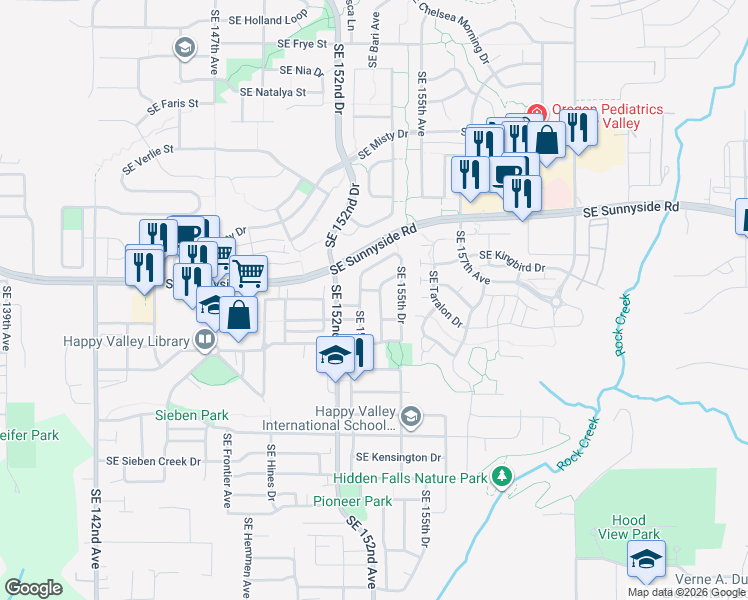 map of restaurants, bars, coffee shops, grocery stores, and more near 13573 Southeast 154th Drive in Clackamas