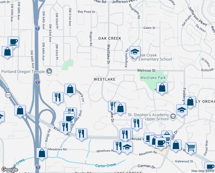 map of restaurants, bars, coffee shops, grocery stores, and more near 5475 Westfield Court in Lake Oswego
