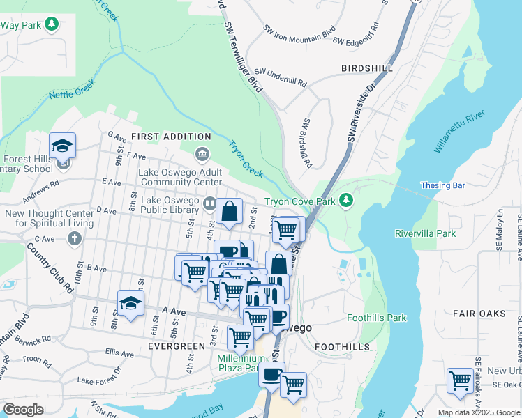 map of restaurants, bars, coffee shops, grocery stores, and more near 791 2nd Street in Lake Oswego