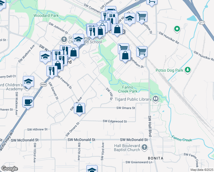 map of restaurants, bars, coffee shops, grocery stores, and more near 9293 Southwest Hill Street in Tigard
