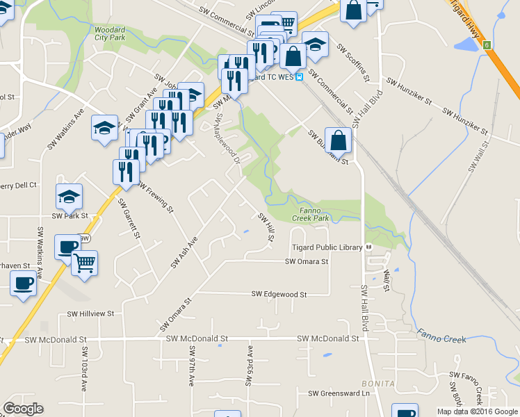 map of restaurants, bars, coffee shops, grocery stores, and more near 9293 Southwest Hill Street in Tigard