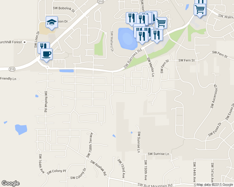 map of restaurants, bars, coffee shops, grocery stores, and more near 15350 Southwest Firtree Drive in Portland