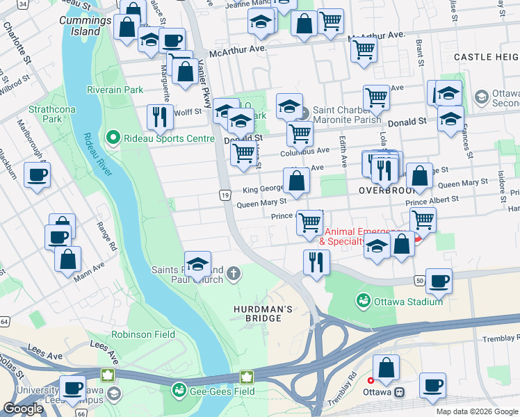 map of restaurants, bars, coffee shops, grocery stores, and more near 106 Queen Mary Street in Ottawa