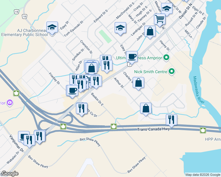 map of restaurants, bars, coffee shops, grocery stores, and more near 15 Arthur Street in Arnprior