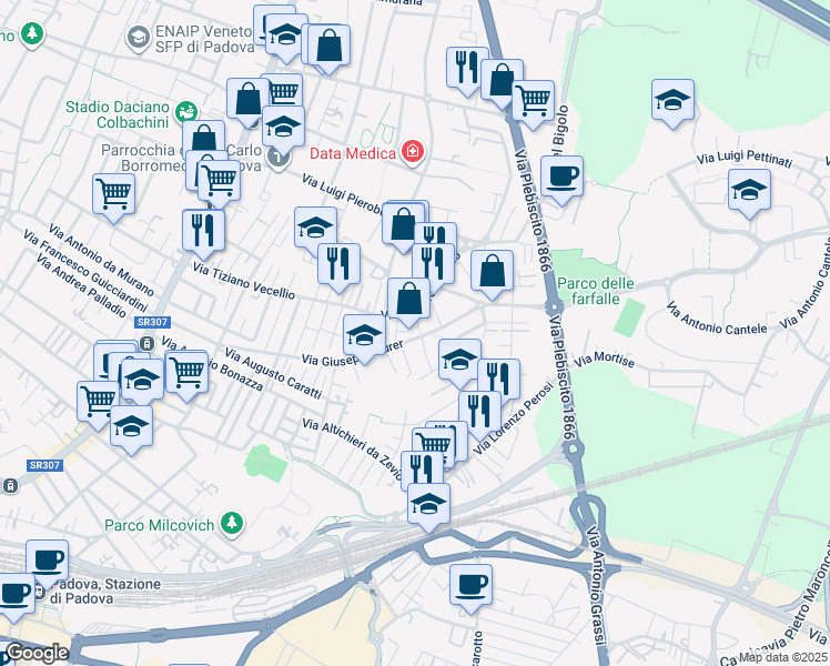 map of restaurants, bars, coffee shops, grocery stores, and more near 47 Via Giuseppe Durer in Padova