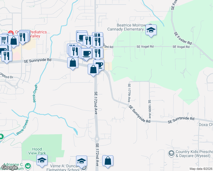 map of restaurants, bars, coffee shops, grocery stores, and more near 17430 Southeast Sunnyside Road in Damascus
