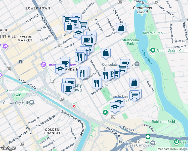 map of restaurants, bars, coffee shops, grocery stores, and more near 150 Osgoode Street in Ottawa