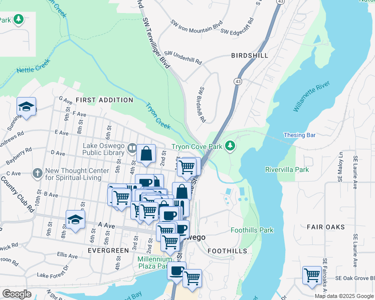 map of restaurants, bars, coffee shops, grocery stores, and more near 27 E Avenue in Lake Oswego