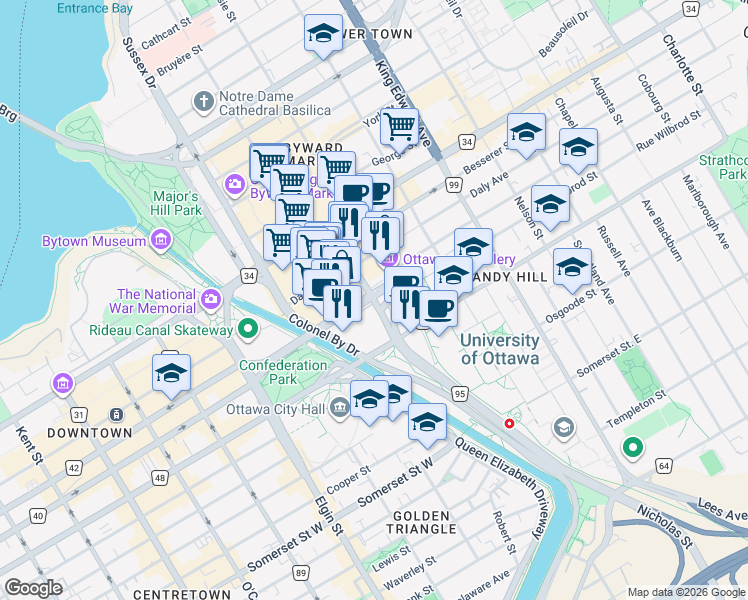 map of restaurants, bars, coffee shops, grocery stores, and more near 8073 Mackenzie King Bridge in Ottawa