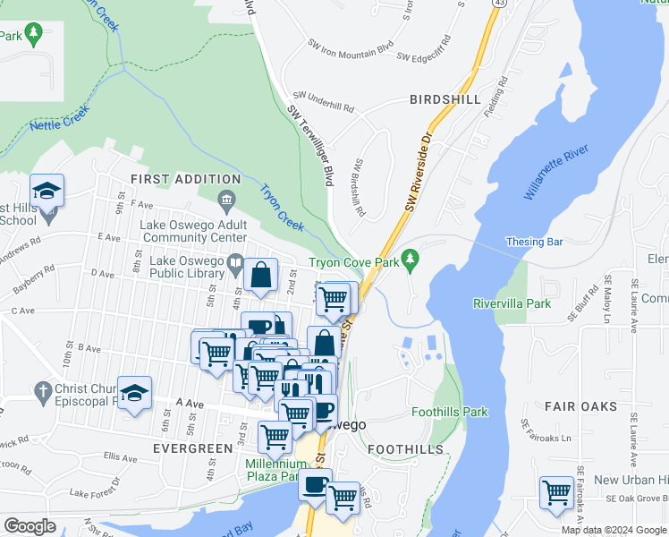 map of restaurants, bars, coffee shops, grocery stores, and more near 27 E Avenue in Lake Oswego