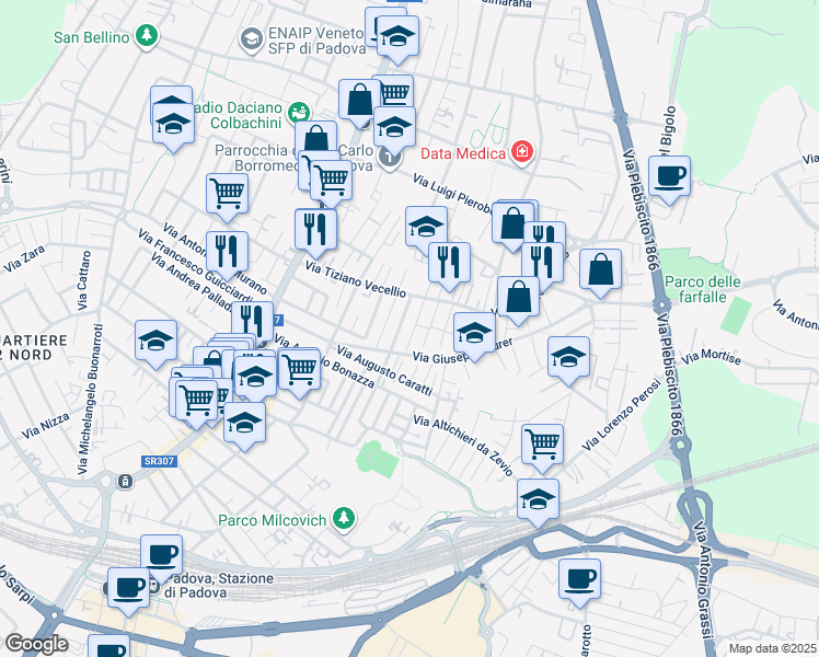 map of restaurants, bars, coffee shops, grocery stores, and more near 16 Via Niccolò Jommelli in Padova