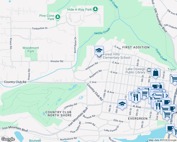 map of restaurants, bars, coffee shops, grocery stores, and more near 745 Southwest Rye Road in Lake Oswego