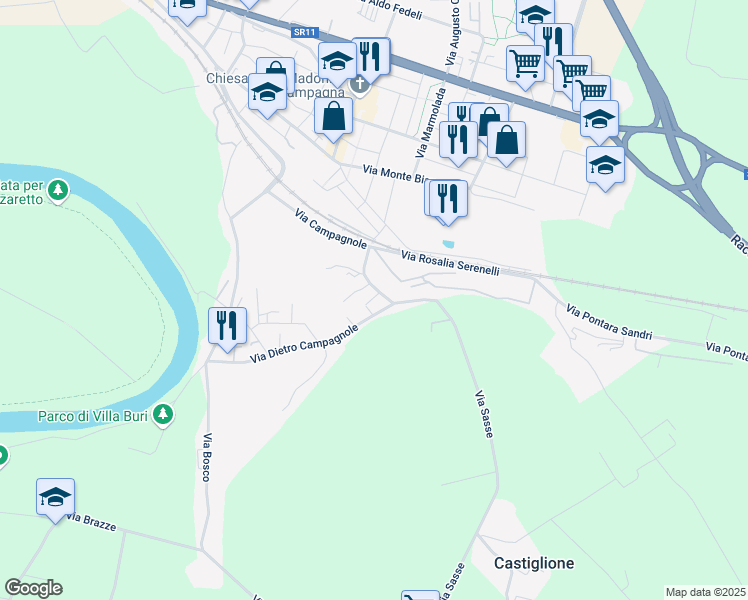 map of restaurants, bars, coffee shops, grocery stores, and more near 53 Via Campagnole in Verona