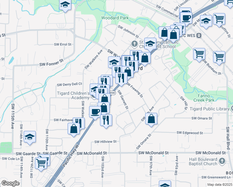 map of restaurants, bars, coffee shops, grocery stores, and more near 13200 Southwest Pacific Highway in Tigard