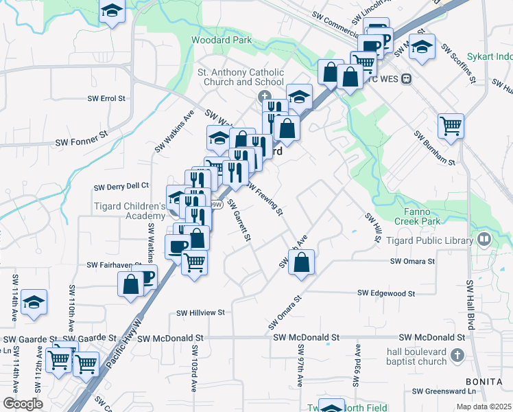 map of restaurants, bars, coffee shops, grocery stores, and more near 10035 Southwest Garrett Street in Tigard