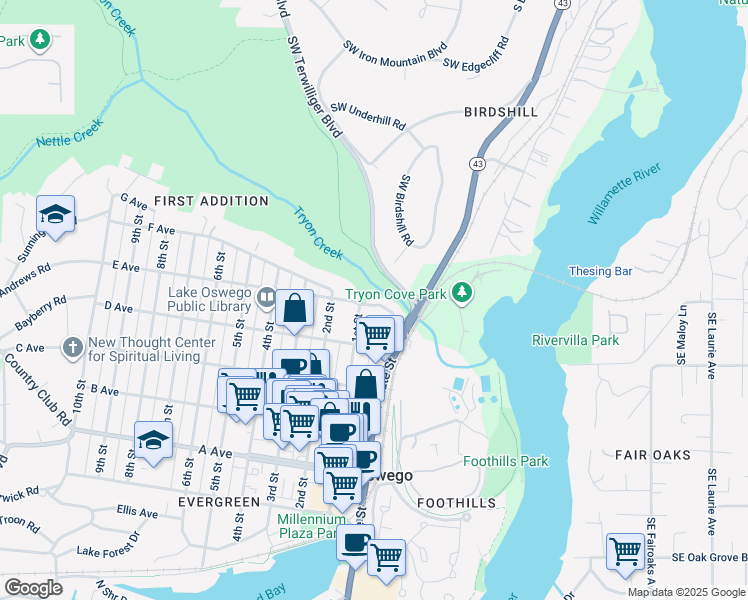 map of restaurants, bars, coffee shops, grocery stores, and more near 27 E Avenue in Lake Oswego