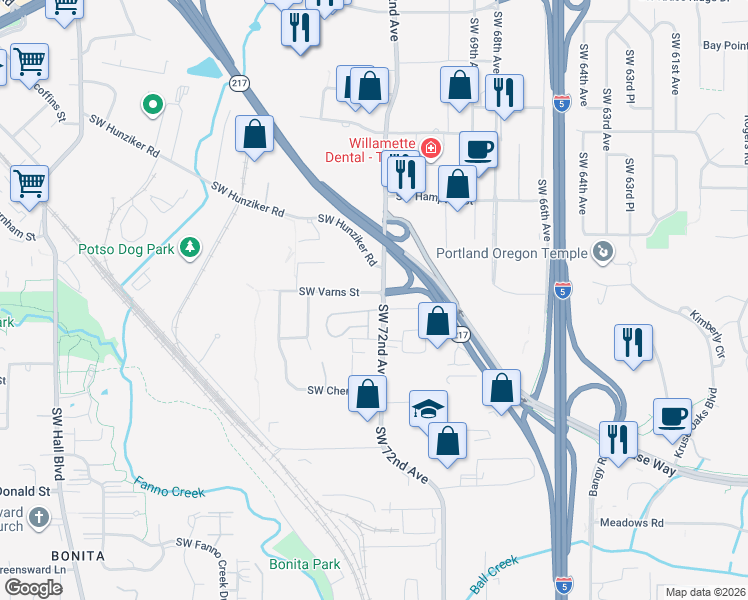map of restaurants, bars, coffee shops, grocery stores, and more near 7330 Southwest Varns Street in Tigard