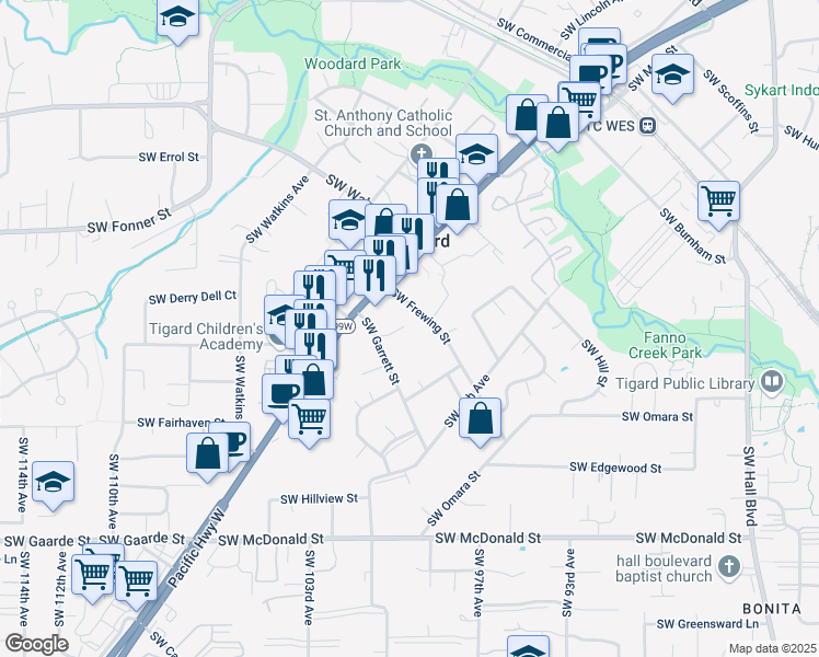 map of restaurants, bars, coffee shops, grocery stores, and more near 10035 Southwest Garrett Street in Tigard