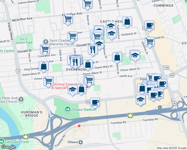 map of restaurants, bars, coffee shops, grocery stores, and more near in Ottawa