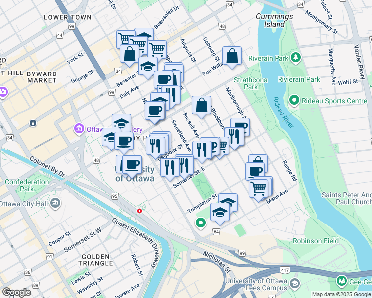 map of restaurants, bars, coffee shops, grocery stores, and more near in Ottawa