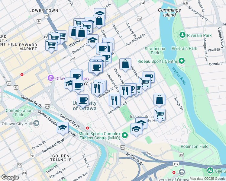 map of restaurants, bars, coffee shops, grocery stores, and more near 371 Nelson Street in Ottawa