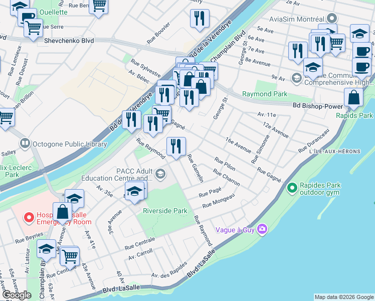 map of restaurants, bars, coffee shops, grocery stores, and more near 8165 George Street in Montrã©Al