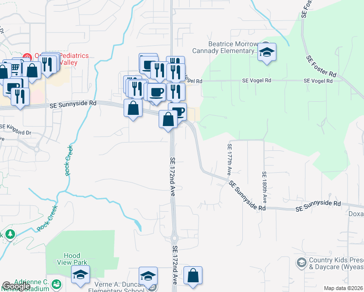 map of restaurants, bars, coffee shops, grocery stores, and more near 13540 Southeast Greenwood Court in Clackamas