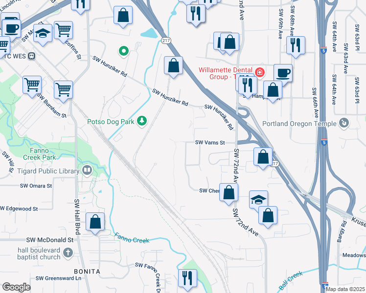 map of restaurants, bars, coffee shops, grocery stores, and more near 7730 Southwest Cherry Drive in Tigard