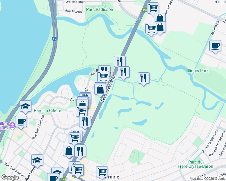 map of restaurants, bars, coffee shops, grocery stores, and more near 120 Avenue du Golf in La Prairie
