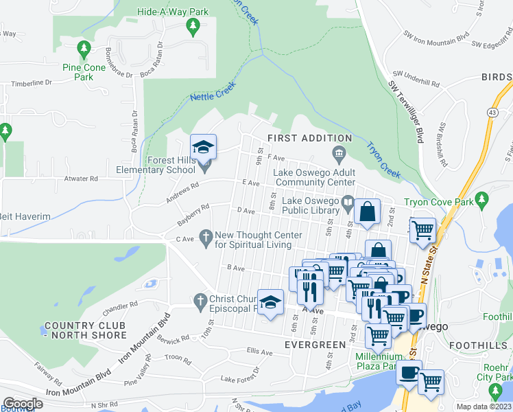 map of restaurants, bars, coffee shops, grocery stores, and more near 717 9th Street in Lake Oswego