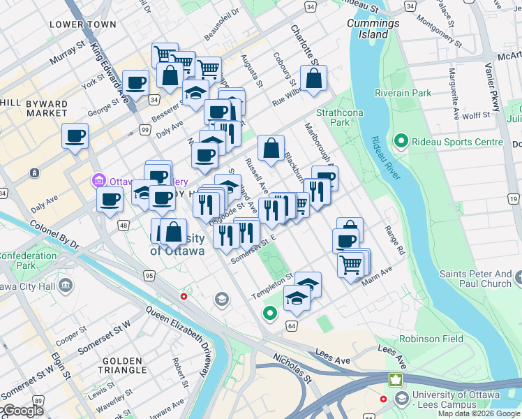 map of restaurants, bars, coffee shops, grocery stores, and more near 71 Sweetland Avenue in Ottawa