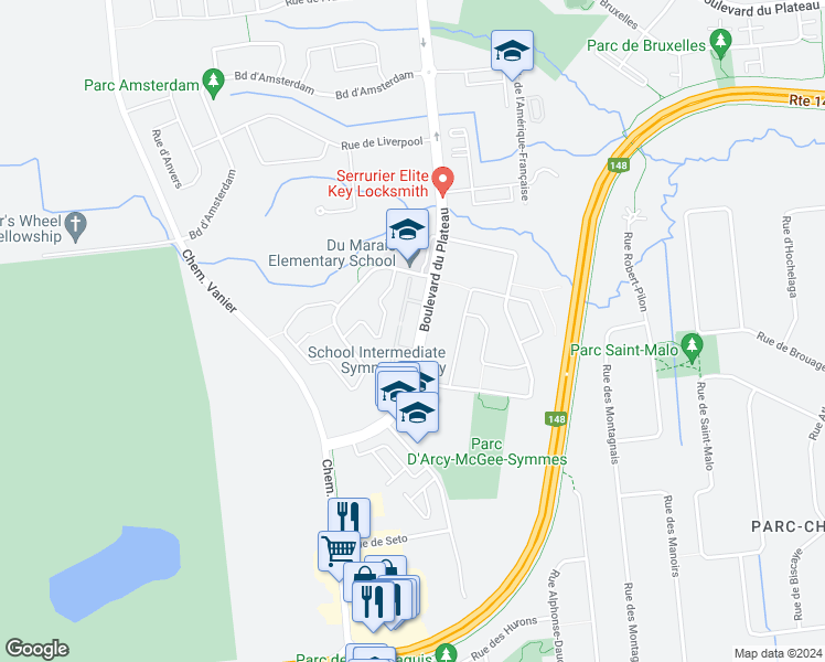 map of restaurants, bars, coffee shops, grocery stores, and more near 876 Boulevard du Plateau in Gatineau